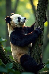 Obraz premium Panda claws gripping bark, reaching for higher branch, wood, high