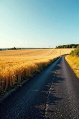 Naklejka premium Newly paved blacktop beside a golden wheat field, lines, surface