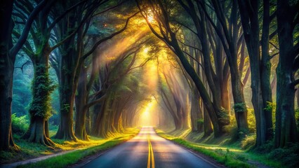 Obraz premium Dark Forest Path: Magical Light Breaks Through the Trees - Stock Photo