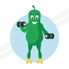 A cucumber character exercising with dumbbells representing fitness and humor