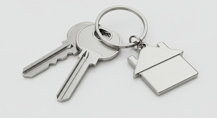 A set of shiny metallic keys attached to a circular keyring with a house-shaped keychain hanging prominently