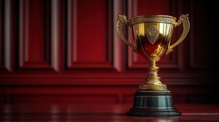 Golden Trophy Award on Dark Wood Surface Achievement Success Victory Prize