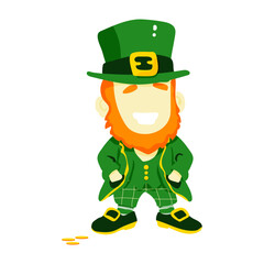 A cartoon character wearing a green hat and green clothes. He is smiling and holding a handful of coins