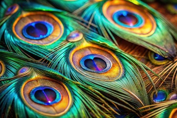 Obraz premium Macro view of iridescent peacock feathers, showcasing vibrant eyespots and jewel-toned plumage.