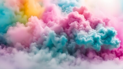 Fototapeta premium Abstract pastel-colored smoke clouds in pink, teal, and yellow create a dreamy, ethereal background.