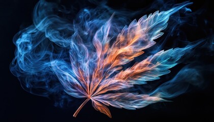 Obraz premium Abstract cannabis leaf with swirling smoke creating a mystical ethereal image