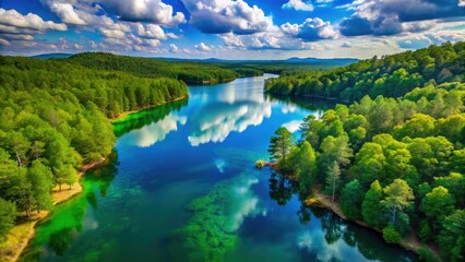 Naklejka premium Oklahoma's Beavers Bend Lake: breathtaking 4K drone footage reveals stunning natural beauty.