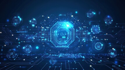 Abstract digital data security concept with glowing octagon and circuit board.