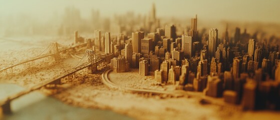 A sprawling sand city with skyscrapers and bridges under hazy light, creatively crafted, showcasing urban elegance amidst barren simplicity.