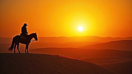 Lone Cowboy at Sunset in the Desert