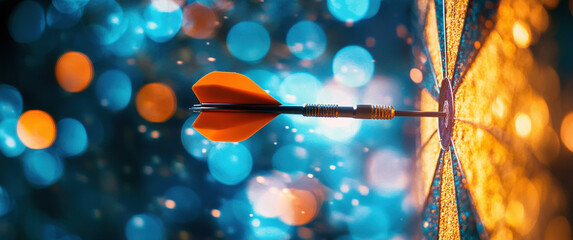 Darts hitting the target with vibrant bokeh background during a nighttime gathering