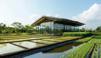 Contemporary glass building amidst lush rice paddies under a bright sky creates an agricultural marvel