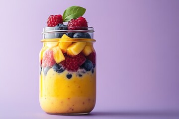 Colorful Jar of Fruits and Yogurt on Purple Background