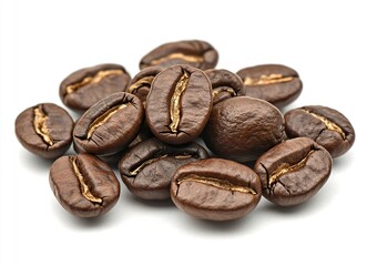 Obraz premium Roasted coffee beans on a white background, a product photo for stock photography with empty space around the objects