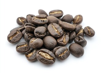 Obraz premium Roasted coffee beans on a white background, a product photo for stock photography with empty space around the objects