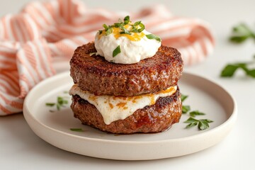 Juicy Sous Vide Burger Patty Topped With Melted Cheese Served on a White Plate for a Delicious Culinary Experience