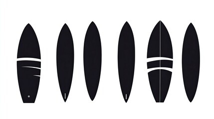 Set of simple, flat black vector shapes for long, curved surfboards. Simple design, white background, minimalist style.