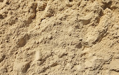 A close-up of a sand texture background, top view. The sand is soft and textured with visible grains. It is set against the backdrop of an empty beach or desert area.