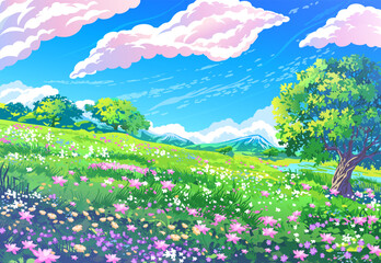 Clear blue sky with clouds, blooming meadow and one tree in cartoon anime style.