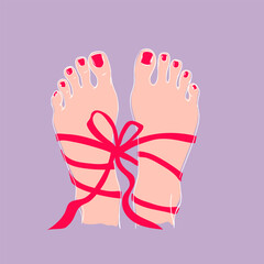 Feet of women's legs with painted nails and tied with a ribbon. Beautiful pedicure in the form of a gift.