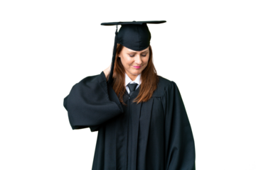 Middle age university graduate woman over isolated background with neckache