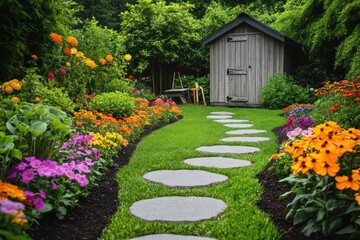 A backyard garden featuring a pathway of stepping stones, a small tool shed, and rows of vibrant flowers