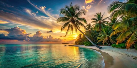 Silhouetted palm trees frame a vibrant sunset over turquoise waters, pristine white sand below.