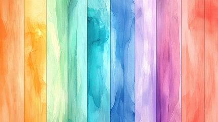 Vibrant watercolor rainbow gradient with seamless transitions between vertical stripes, creating soft and artistic texture. colorful design evokes creativity and positivity