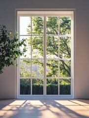 Fototapeta premium Sunlight streaming through a large window with lush green view