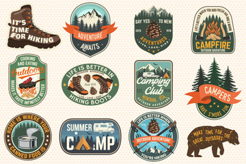 Set of Summer camp and hiking patches, badges. Vector. Concept for shirt or logo, print, stamp, patch or tee. Design with mountain, forest, hiking boots, rv trailer, camping tent, campfire.