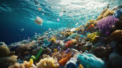 Fototapeta premium microplastics trapped in coral reefs, showcasing the environmental damage caused by pollution