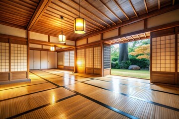 Obraz premium Soft focus reveals an empty, minimalist Japanese room; wooden serenity.