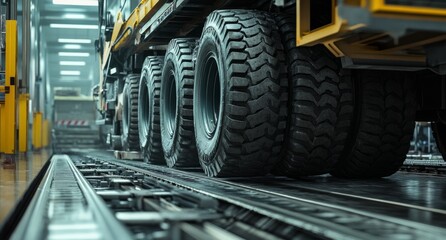 trailer's wheels on an integrated warehouse conveyor belt for work wheels