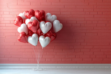 set of bundled hart shaped balloons against red brick wall
