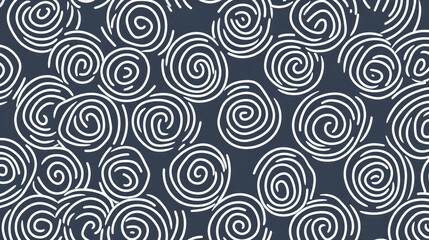 Fototapeta premium White spirals on dark blue background create seamless, abstract pattern with modern and artistic feel. design is simple yet dynamic, perfect for textiles or wallpapers