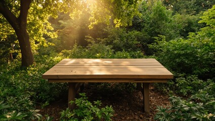 Naklejka premium Wooden Table in a Sunlit Forest Setting