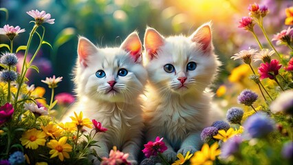 Spring blossoms frame adorable white kittens in this heartwarming pet portrait photography.