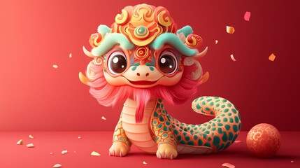 cartoon of a friendly snake with a Chinese dragon dance mask on 