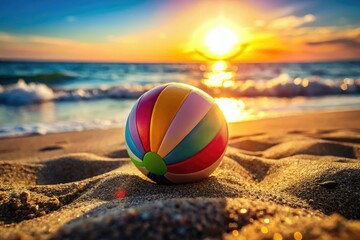 Obraz premium Sun-drenched beach volleyball, bokeh effect, vibrant colors blur against dark sand.