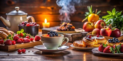 Delicious Low-Light Breakfast: Coffee & Fresh Food