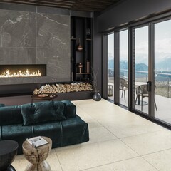 Minimal style Modern living room with blank gray wall, The Rooms beige designed floor, decorated with beige furniture, there are large open sliding door Overlooking nature view. 3D Rendering