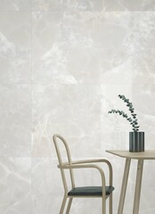 A green plant pot is placed over a polished natural stone surface with a marble background texture. Mockup. 3D Rendering