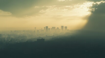 city skyline shrouded in a dense haze, illustrating the heavy concentration of PM2.5 dust in the air. --ar 16:9 --v 6.1 Job ID: 0849e0a6-b7f2-4fdc-af8c-