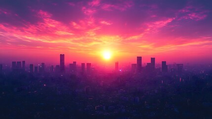 Vibrant Sunset Over City Skyline Silhouette