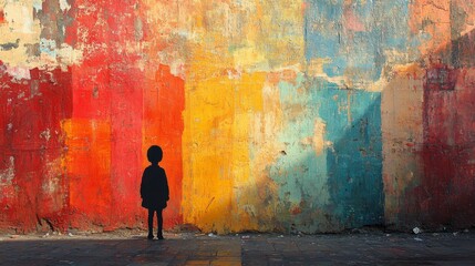 Obraz premium Solitude and Color: Child's Silhouette Against a Vibrant Weathered Wall Depicting Nostalgia