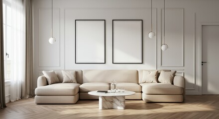 A contemporary living room in a bright and sunlit environment and black-framed blank posters mounted side by side on the white wall above