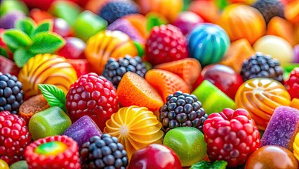 Fototapeta premium Vibrant gummy candies, jelly beans, and sweet treats in a whimsical tilt-shift miniature world.