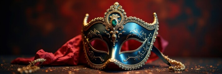 Fototapeta premium Ornate blue venetian masquerade mask with gold detailing and red ribbon on table