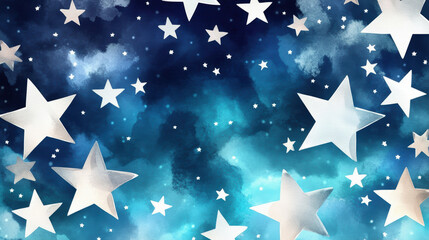 dreamy starry night sky with white stars scattered across deep indigo and teal watercolor texture, creating magical and serene atmosphere