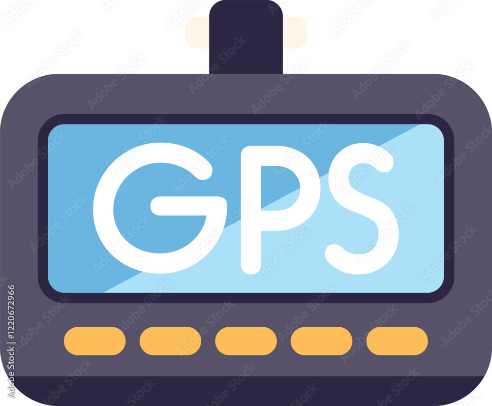 Poster gps navigation system device with buttons at the bottom and an antenna on the top, showing gps text 